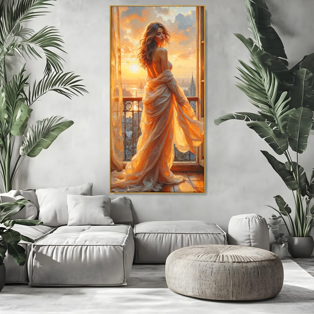 Tablou canvas cu tablou canvas cu femeie la fereastra, in rama de aluminiu auriu, pe perete intr-un living